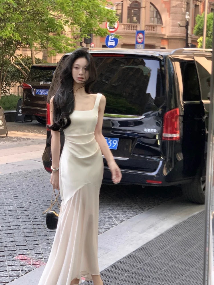 Party Prom Midi Dress Summer Irregular Mesh Straps Princess Vestidos Slim Ruched Mermaid Dress
