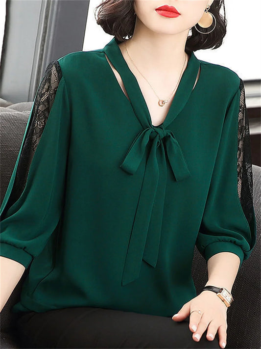 Spring Summer Style Blouses Tops Lady Bow Tie Colloar Half Lace Sleeve Loose Blusas Tops Df4275