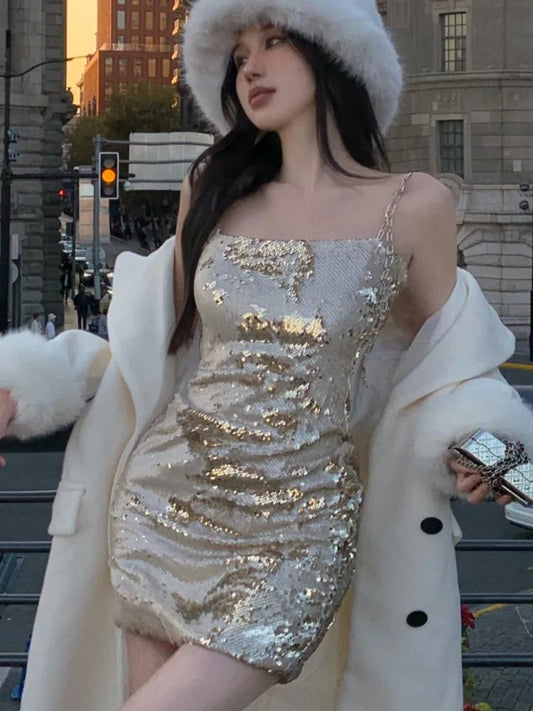 Mini Dress Autumn Winter Trend Sequins Spaghetti Strap Dresses Slim Hot Girl Evening Party Clothing