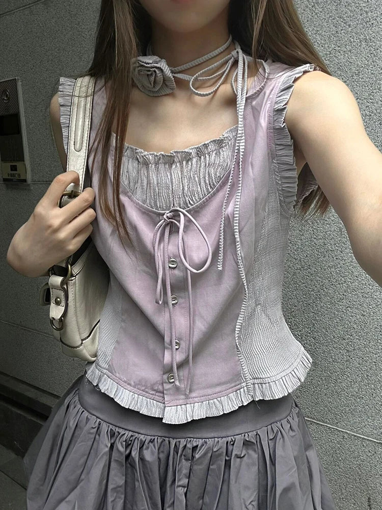 Summer Tide Korean Ballet Core Y2k Outfits 2 Piece Set Gyaru Lace Up Tank Top + Elastic Waist Mini Pleated Skirts