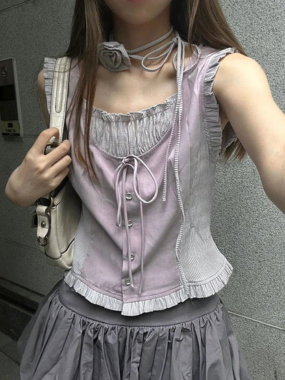 Summer Tide Korean Ballet Core Y2k Outfits 2 Piece Set Gyaru Lace Up Tank Top + Elastic Waist Mini Pleated Skirts