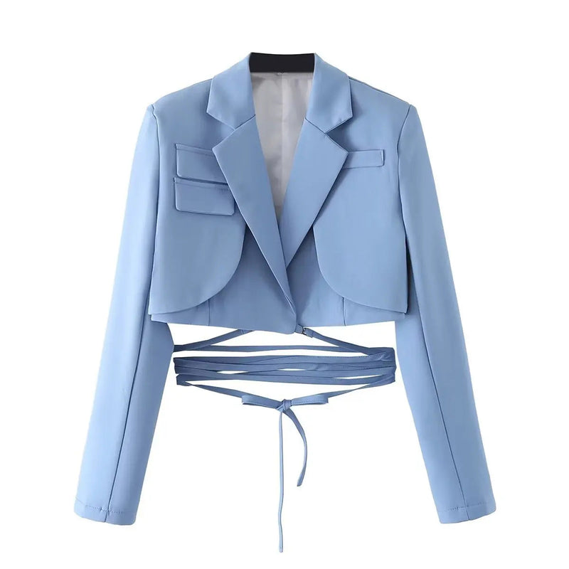 Gray Double Layer Bandage Slim Blazer Desigual Long Sleeve Pocket Short Jacket Female Outwear Crop Tops