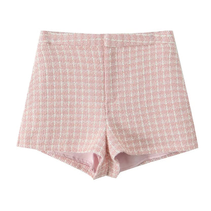 2 Pieces 1 Set French Style Retro Pink Plaid Woven Tweed Blazer + High Waist Mini Shorts Pants Suits