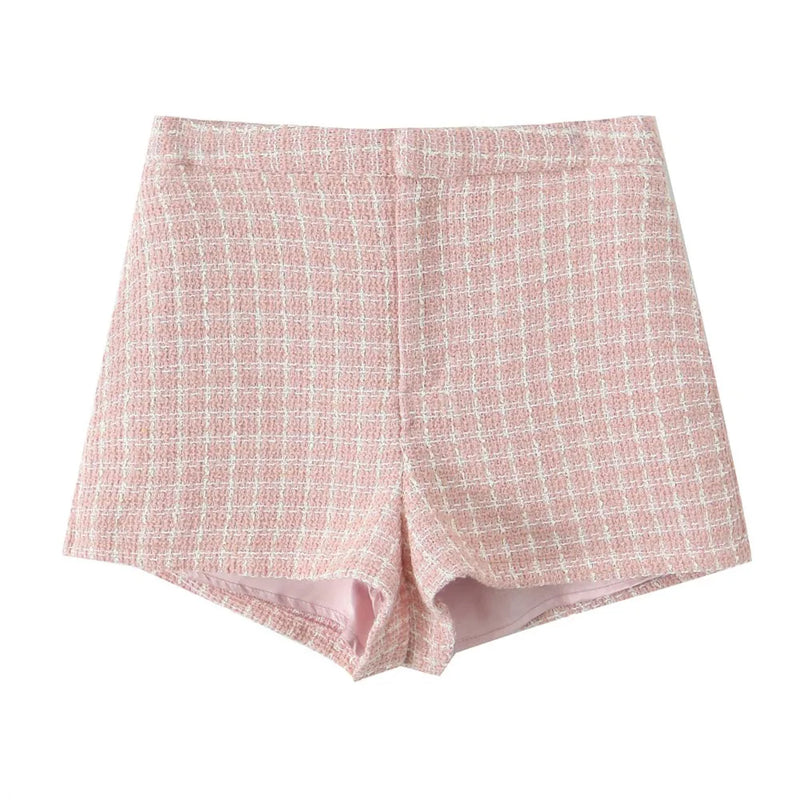 2 Pieces 1 Set French Style Retro Pink Plaid Woven Tweed Blazer + High Waist Mini Shorts Pants Suits