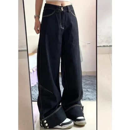 Flap Buttons Loose All Match Jeans Spring New High Waist Denim Wide Leg Pants
