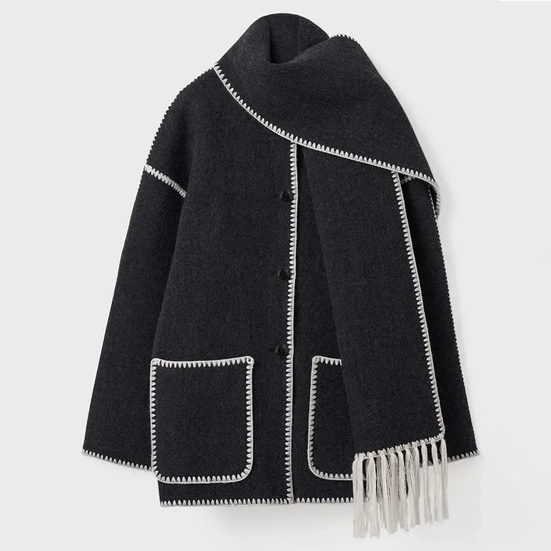 Loose Coat With Scarf Long Sleeve Pocket Single Breasted Female Coats Autumn Winter Lady Jacket