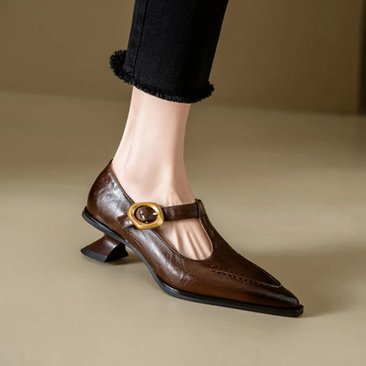 New Autumn/spring Pumps Split Leather Shoes for Pointed Toe Kitten Heel Shoes Soft Retro Buckle Mary Jane Shoe