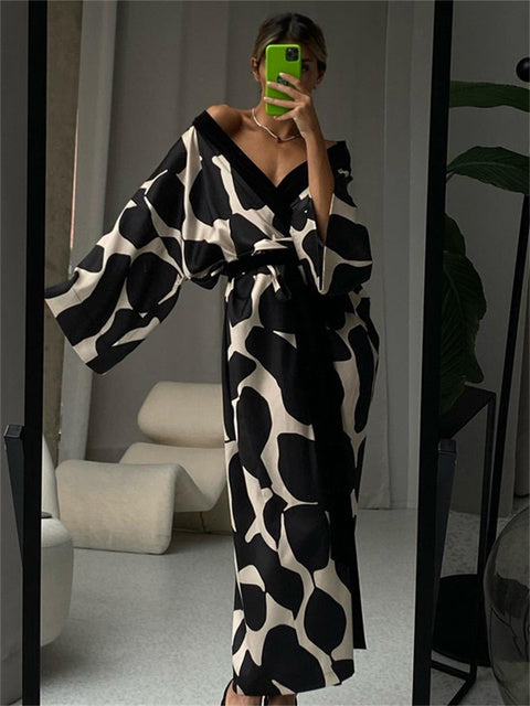 Contrast Loose Lace-up Long Dress Nightwear for V-neck Long Sleeve Autumn Clothes Female Bandage Maxi Dress