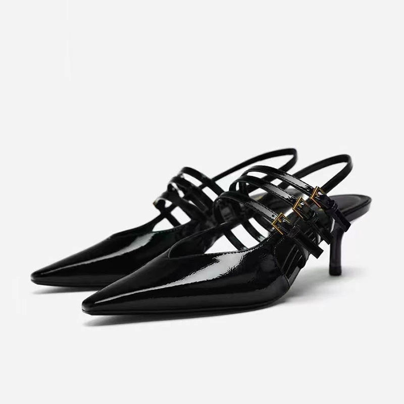 Blue Denim Fabric Slingbacks for Woman Cross Thin Buckle Strap Upper Stiletto Sandals Point Toe Thin Kitten Heel Pump