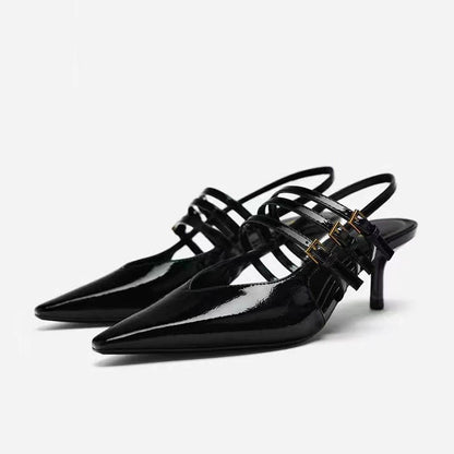 Blue Denim Fabric Slingbacks for Woman Cross Thin Buckle Strap Upper Stiletto Sandals Point Toe Thin Kitten Heel Pump
