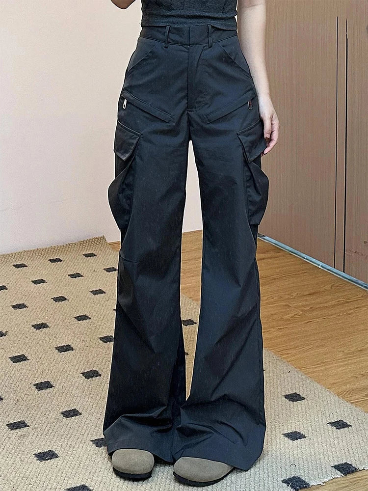 Black Cargo Flare Pants Harajuku Baggy Pants Y2k 2000s 90s Aesthetic Emo Pants Trousers Clothes