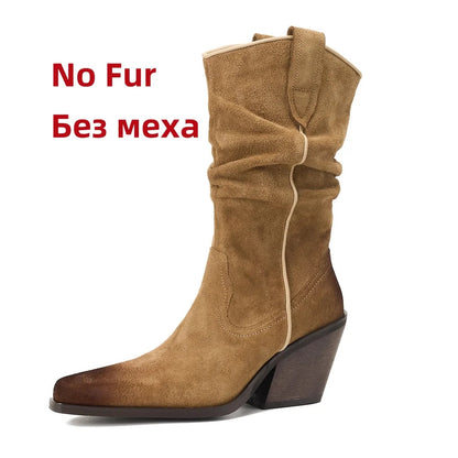 New High Heel Leather Shoes Knight Boot Western Cowboy Boots Pointed Toe Thick Soled Short Boot