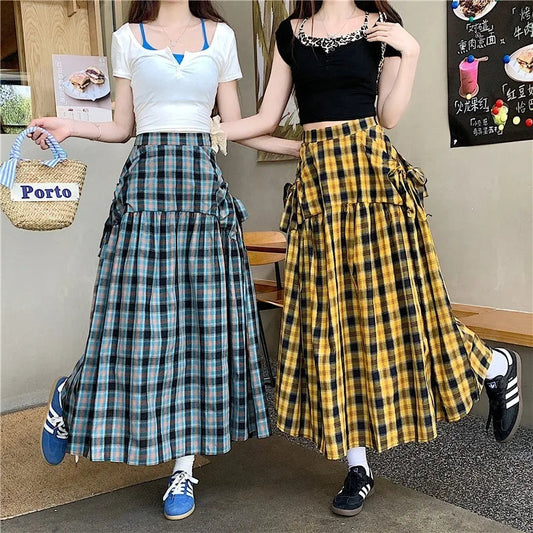 American Long Skirts for Arrival Plaid Lace Up High Waist Color Patchwork Pleated Skirts Skirt