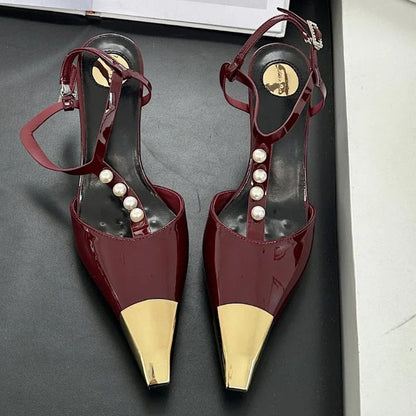 Metal Pointed Toe Thin High Heels Tstrap Pearl Party Dress Shoes Designer Pumps Sandals