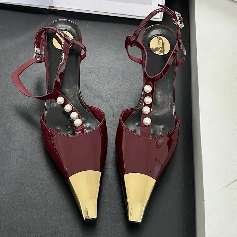Metal Pointed Toe Thin High Heels Tstrap Pearl Party Dress Shoes Designer Pumps Sandals
