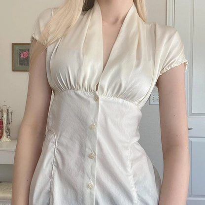 French Retro Satin Aline Shirt Slimming Short Sleeve Vneck Blouses Office Top Allmatch