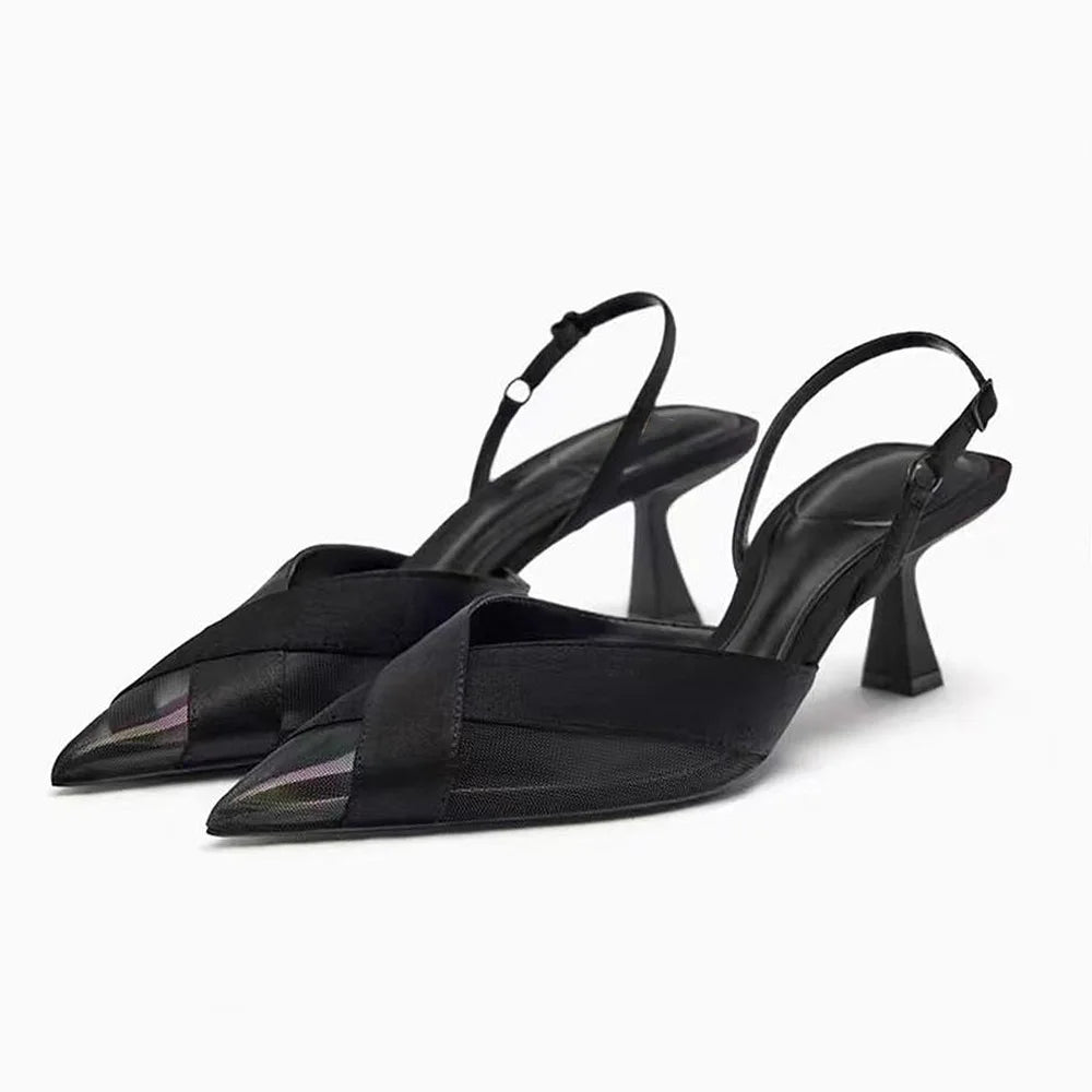 Square Rhinestone Mid Heels Pumps for Woman White Tassel Texture Black Sole Slingbacks Shoes Point Head Spike Heel Sandals