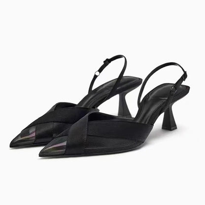 Square Rhinestone Mid Heels Pumps for Woman White Tassel Texture Black Sole Slingbacks Shoes Point Head Spike Heel Sandals