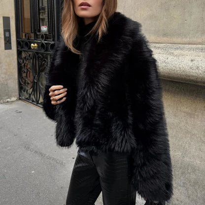 Street Shawl Collar Faux Fox Fur Coat Winter Cool Black Short Fur Jacket Overcoat