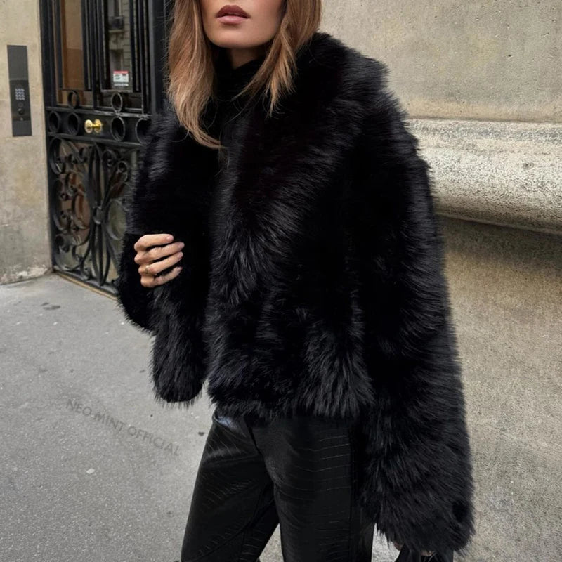 Street Shawl Collar Faux Fox Fur Coat Winter Cool Black Short Fur Jacket Overcoat