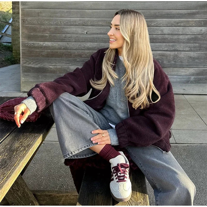 Zipper Long Sleeve O-neck Coat for Spring New Loose Female Jacket Outwear Top High Street