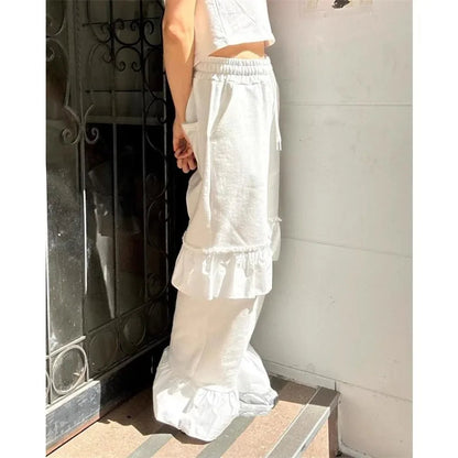 Korean Retro Ruffled Stitching Drawstring Pants Spring and Summer White Flare Pants