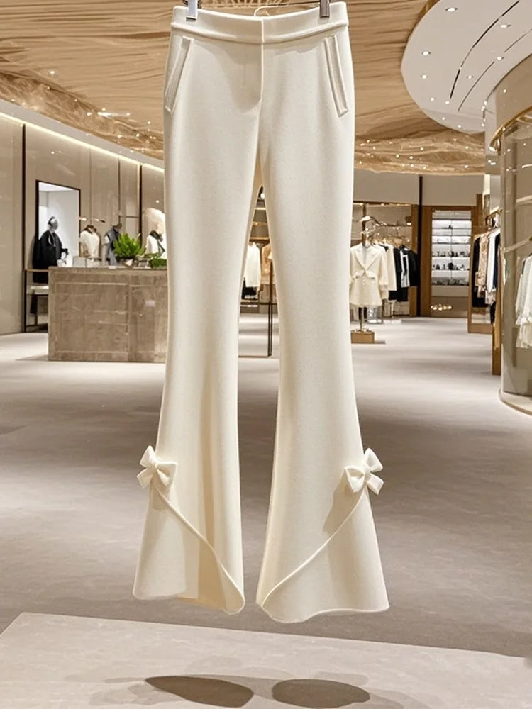 Winter Thick High Waist White Knitted Pants for Korean Sweet Bow Slimming Straight Tube Flare Pants Trousers