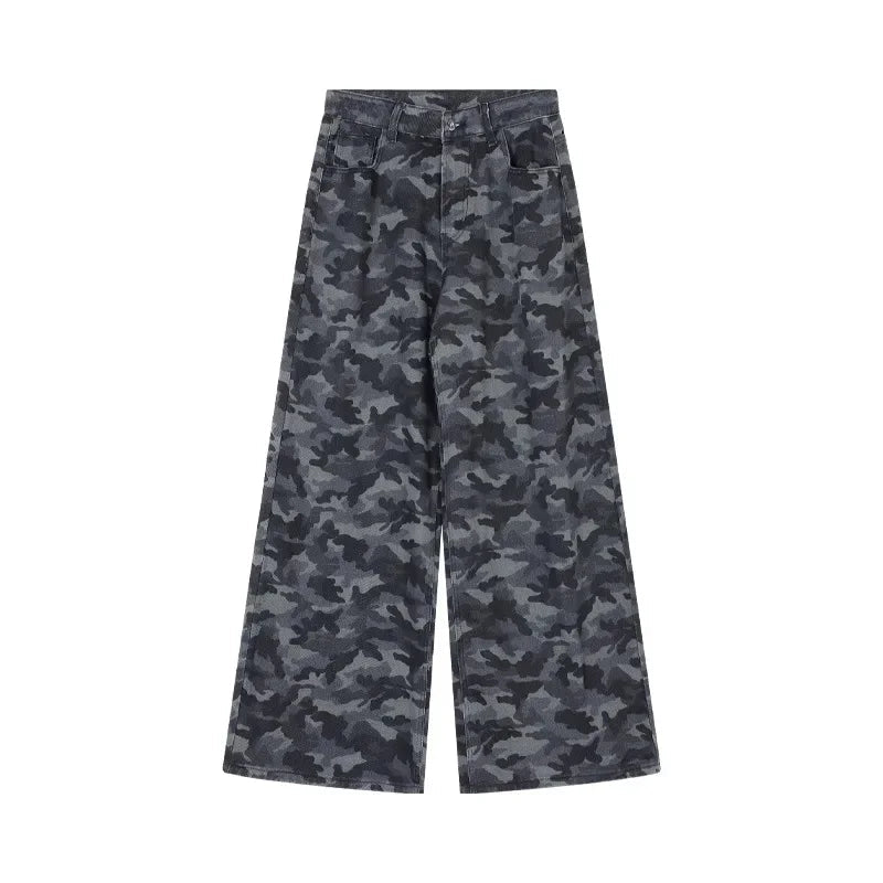 Camouflage Loose Jeans Autumn New High Street Contrast Color Patchwork Denim Wide Leg Pants