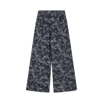 Camouflage Loose Jeans Autumn New High Street Contrast Color Patchwork Denim Wide Leg Pants