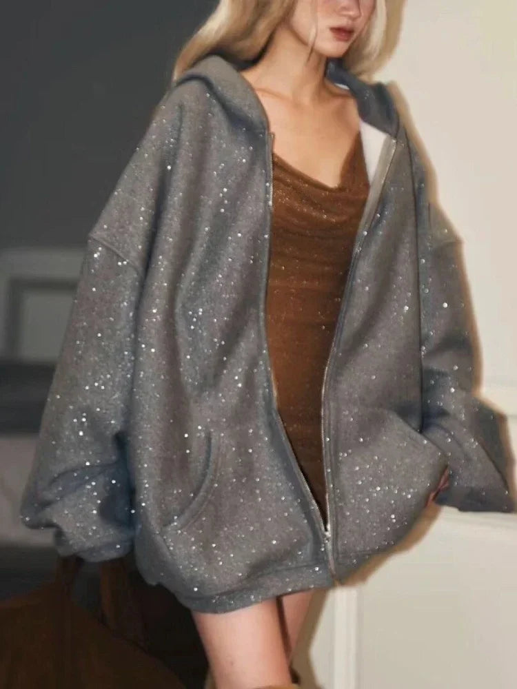 Glitter Zip Up Hoodies Long Sleeve Sweatshirt With Zipper Oversized Y2k Aesthetic Clubwear Kpop Clothes