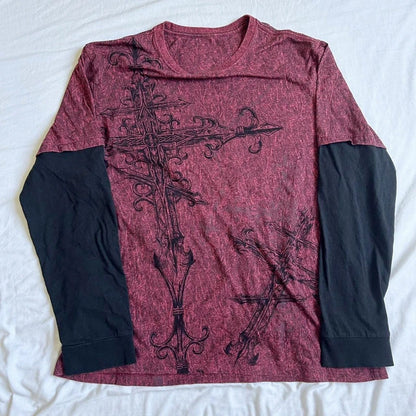 Y2k Grunge Emo T-shirt 2000s Cross Cyber Goth Patchwork Long Sleeve Tees E-girl Gothic Harajuku Loose Tops
