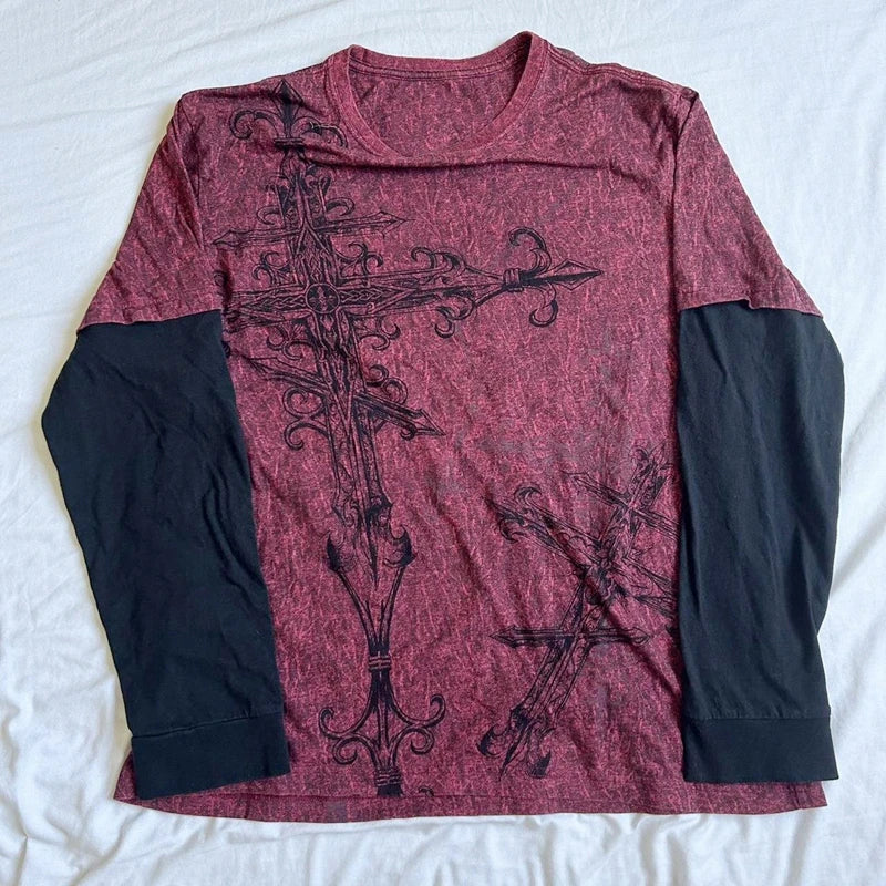 Y2k Grunge Emo T-shirt 2000s Cross Cyber Goth Patchwork Long Sleeve Tees E-girl Gothic Harajuku Loose Tops