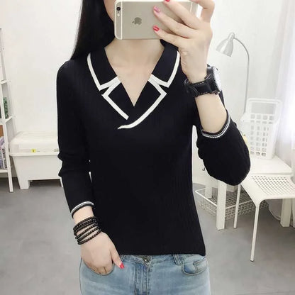 Autumn Winter Style Knitted Pullover Tops Lady V-neck Knitted Pullover Sweater Df4922