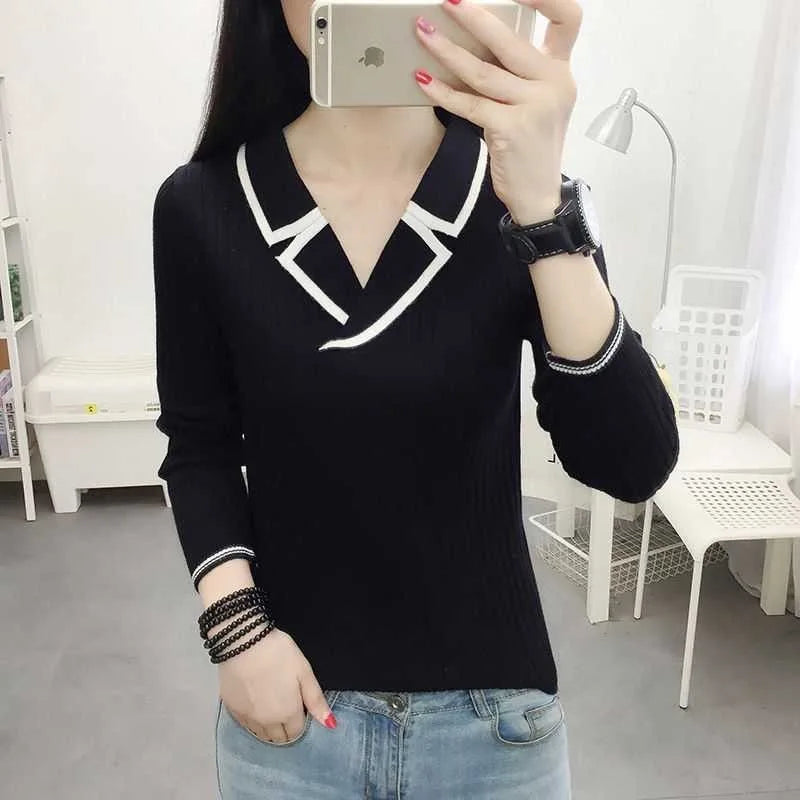 Autumn Winter Style Knitted Pullover Tops Lady V-neck Knitted Pullover Sweater Df4922