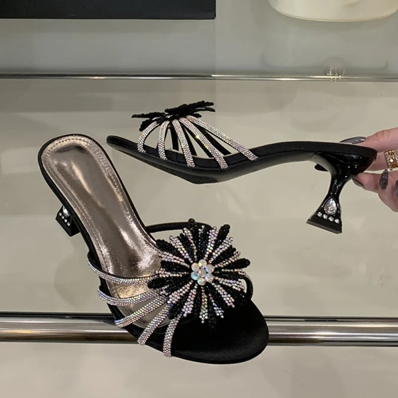 New Gold Silver Crystal Gem Strange Low Heels Slippers Rhinestone Flowers Summer Party Prom Shoes Mules Sandals