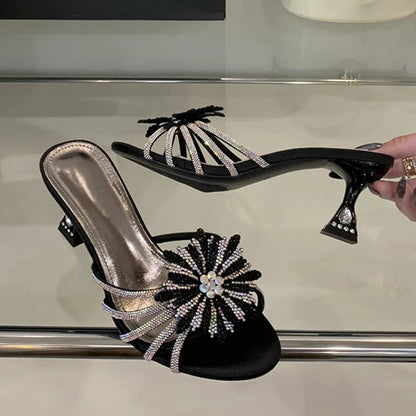 New Gold Silver Crystal Gem Strange Low Heels Slippers Rhinestone Flowers Summer Party Prom Shoes Mules Sandals