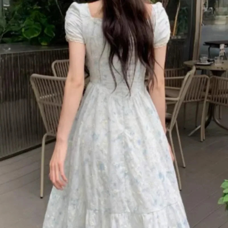 French Style Dresses Puff Sleeve Summer Vestidos Mujer Square Neck Long Dress