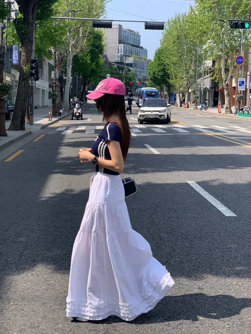 French Style Patchwork Mushroom Edge Split Skirt Summer New Versatile and Personalized Aline Long Skirts