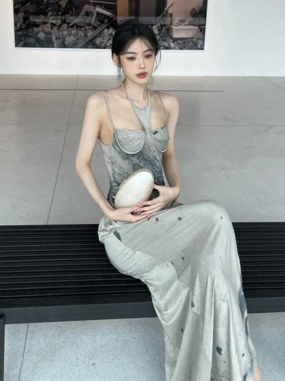 Tie Dye Designer Long Halter Dresses for Summer Backless Ruched Aline Maxi Dress Clothing