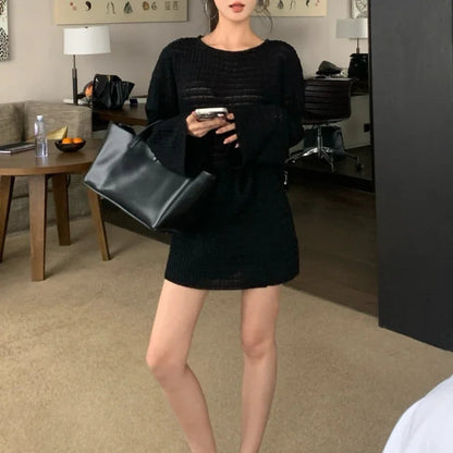 Autumn New Oneck Color All Match Hollow Flare Sleeve Sweater + High Waist Knitted Skirt Twopiece Suit