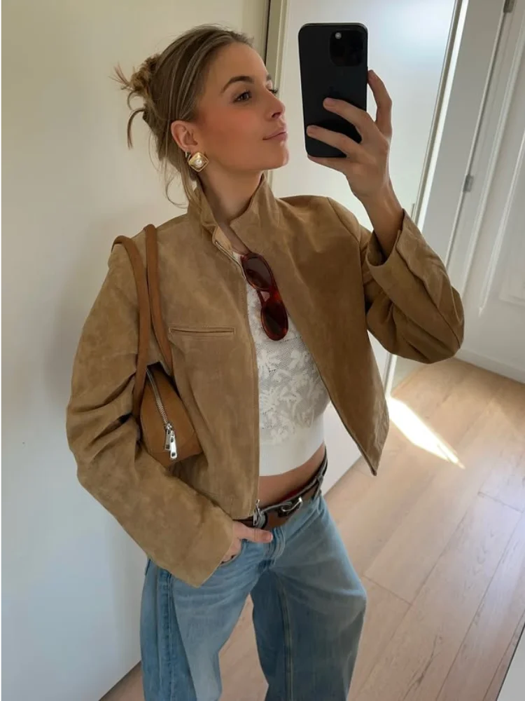 Stand Collar Suede Leather Jacket Coat Zipper Retro Long Sleeved Biker Jackets Loose Front Shoulder Short Outwear