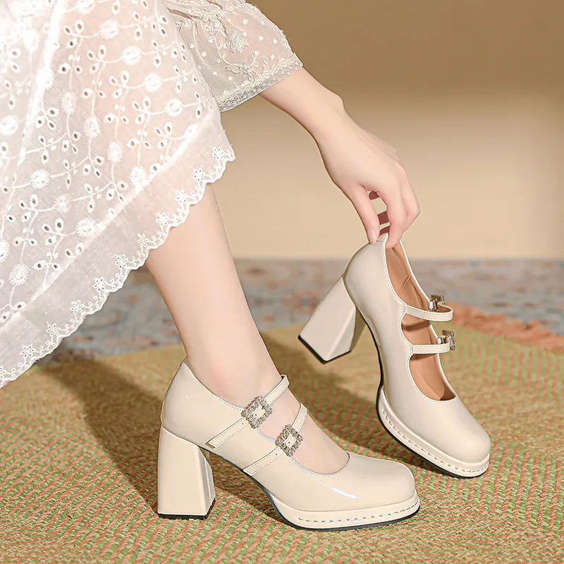 Shallow Mouth High Heel Leather Shoes Slip on Mary Jane Chunky Sandals Increasing Height Clogs for Laceup Navy Blue Pumps