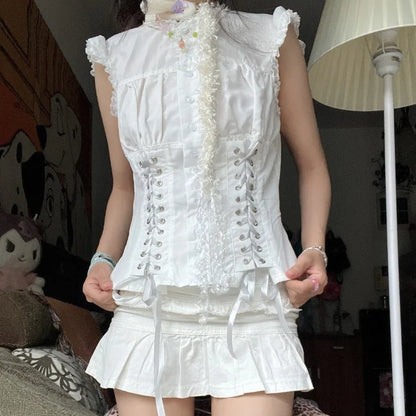 Fungus Flying Sleeve Shirts Slim Waist Lace Up Vest Blouses Y2k Grunge Single Breasted White Blusas Mujer