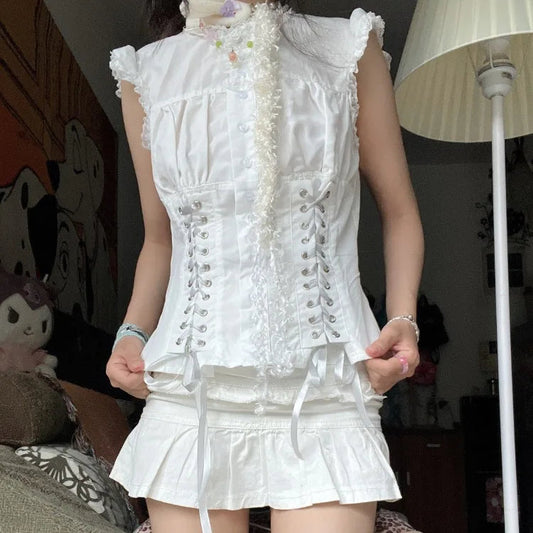 Fungus Flying Sleeve Shirts Slim Waist Lace Up Vest Blouses Y2k Grunge Single Breasted White Blusas Mujer