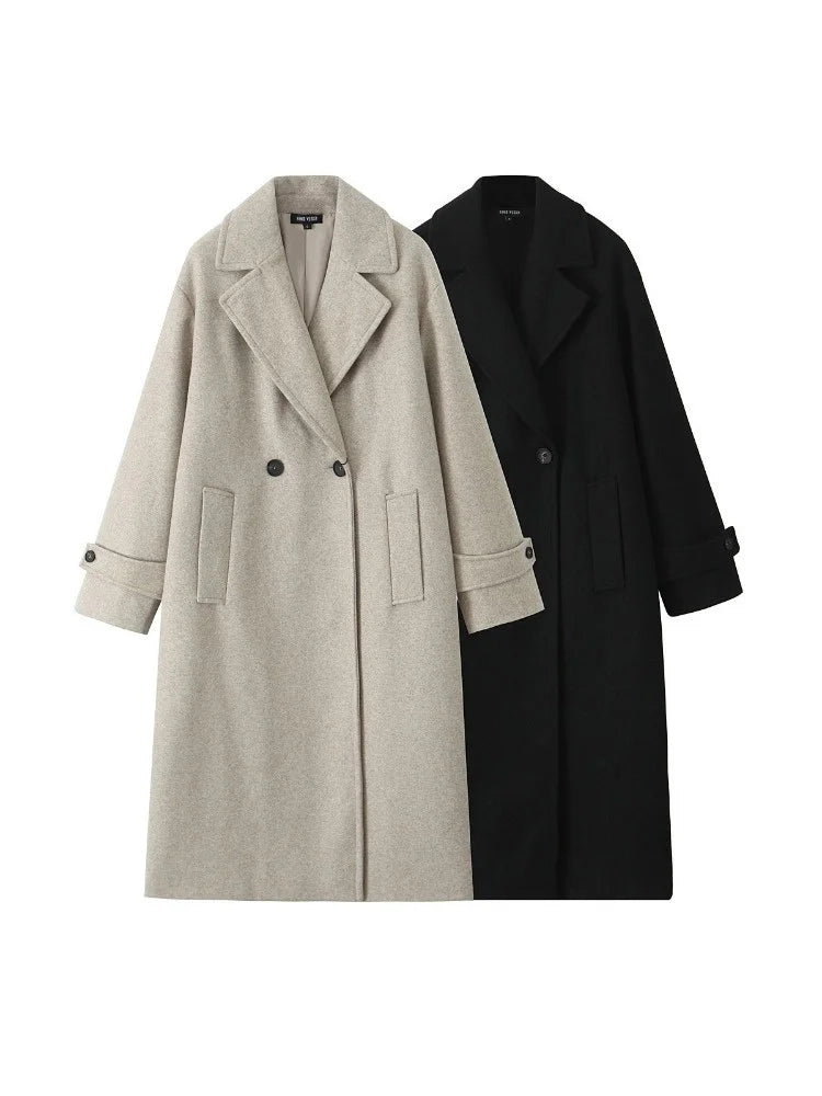 Loose ’s Overcoat Pocket Lapel High Waist Long Sleeve Winter Jacket Coat Patchwork Outwear