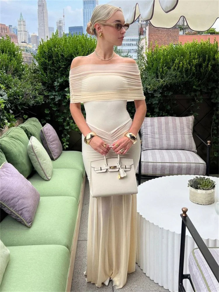 Autumn Mesh 2 Piece-set Long Dress Off-shoulder Pleated Bandeau Dress See-through Female Maxi Dress Outfits