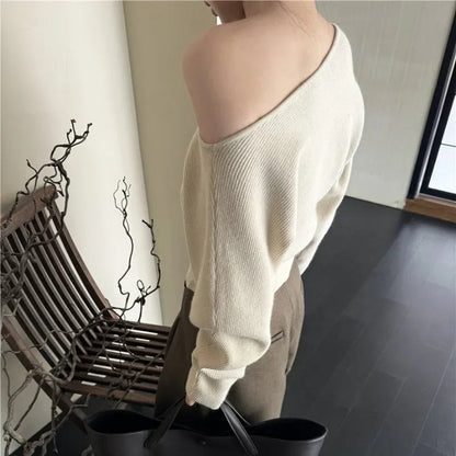 Strapless Color Longsleeved Sweater Autumn New Slant Collar Loose Button Pleated Knitted Tops