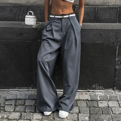 Tavimart - Y2k Lace Patchwork Waist Pants Baggy Korean Oversize Office Trousers
