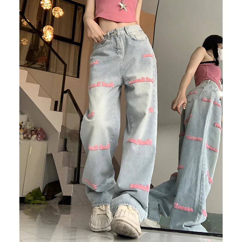Letters Embroidery Loose Washed Jeans Summer New High Waist All Match Wide Leg Pants