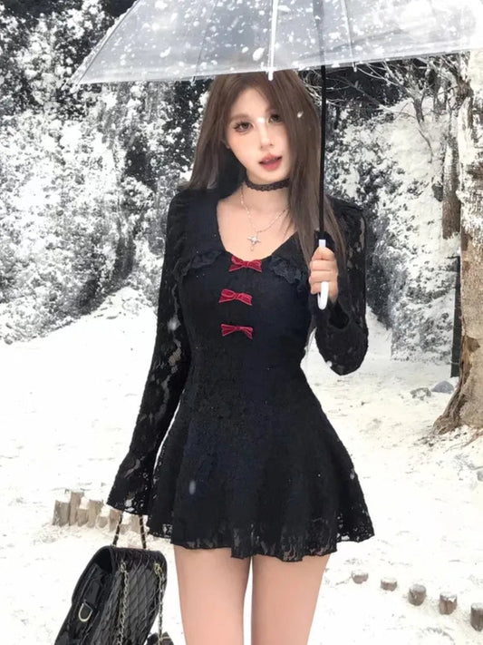 Sweet Lace Dresses Flare Long Sleeves Evening Party Mini Dress Slim Waist Vestidos Mujer Female Clothing